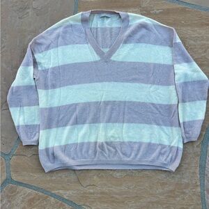 All Saints V-Neck Sweater in Blush and Cream Stripes